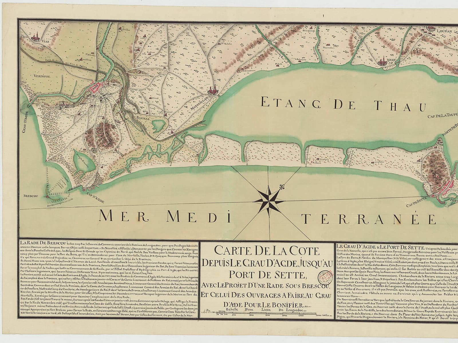 Carte de la côte depuis le grau d'Agde jusqu'au port de Sette ; avec le projet d'une rade sous Brescou, et celui des ouvrages à faire au grau d'Agde pour le bonifier - A. P. D. - btv1b53273112n