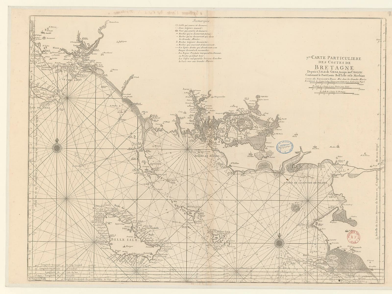 7me. carte particuliere des costes de Bretagne depuis l'Isle de Groa jusqu'au Croisic contenant le Port Loüis Bell'Islle et le Morbian comme elles paroissent à Basse Mer dans les grandes marées - btv1b53052809h