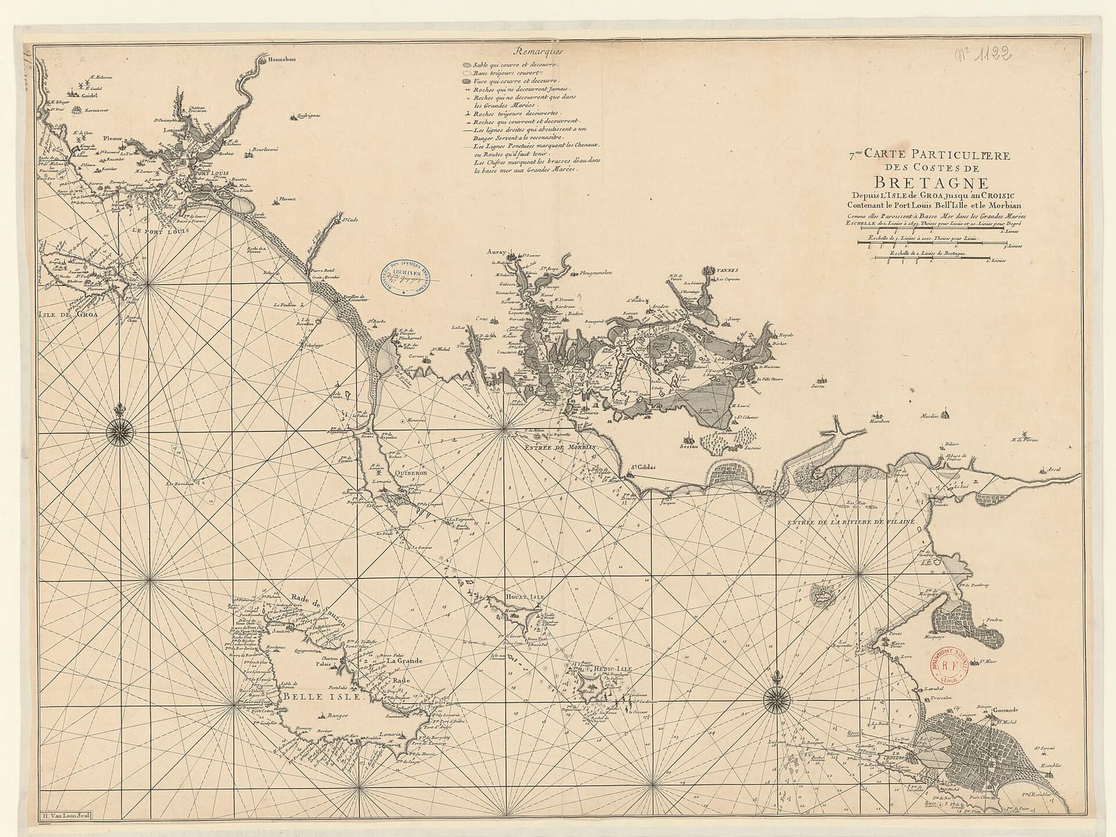 7me. carte particuliere des costes de Bretagne depuis l'Isle de Groa jusqu'au Croisic contenant le Port Loüis Bell'Islle et le Morbian comme elles paroissent à Basse Mer dans les grandes marées - btv1b53053146h