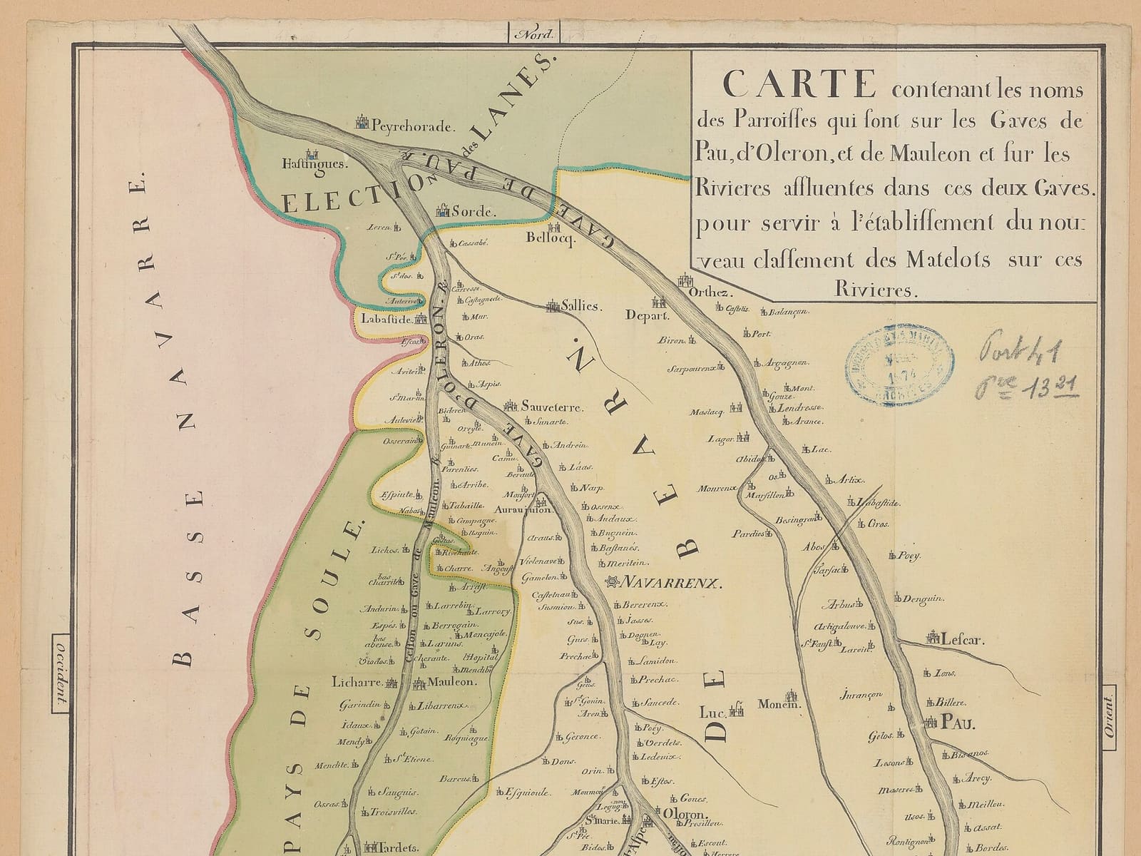 Carte contenant les noms des parroisses qui sont sur les gaves de Pau, d'Oléron, de Mauléon et sur les rivières affluentes - btv1b530128973