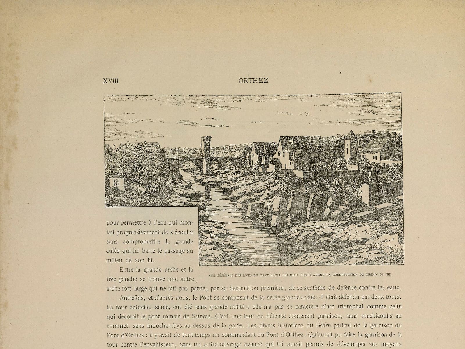 Vue générale des rives du Gave entre les deux ponts avant la construction du chemin de fer - btv1b10571856b
